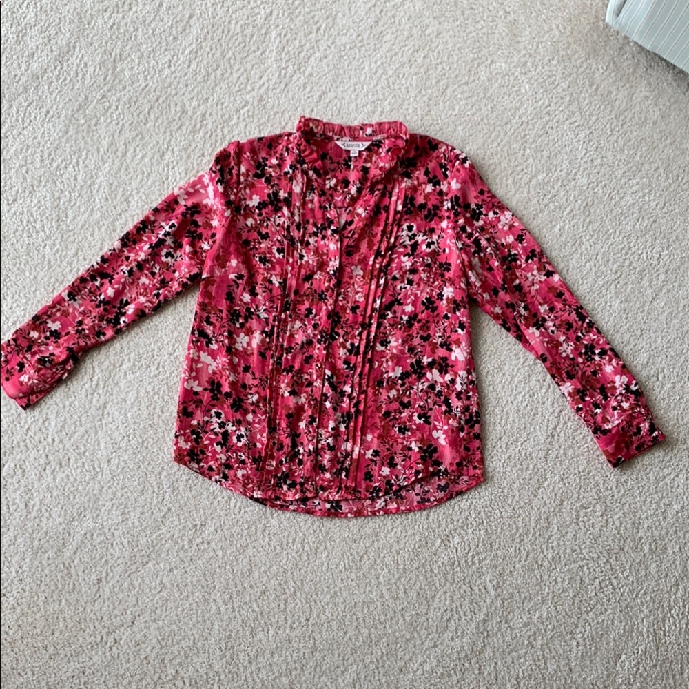 Nanette Lepore Pink and Black Floral Long Sleeve Button Down Blouse